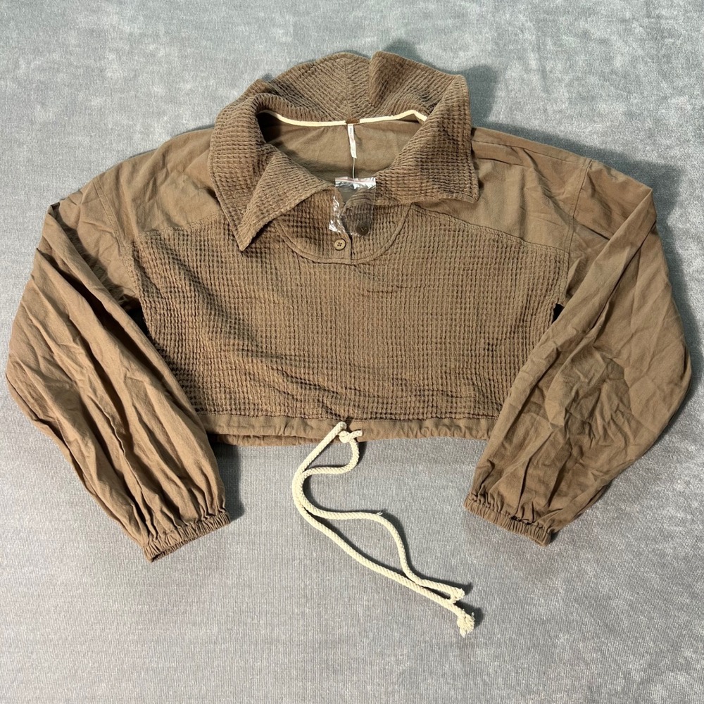 Free People Brown Waffle Knit Cropped‎ Long Sleeve Drawstring Top Small S